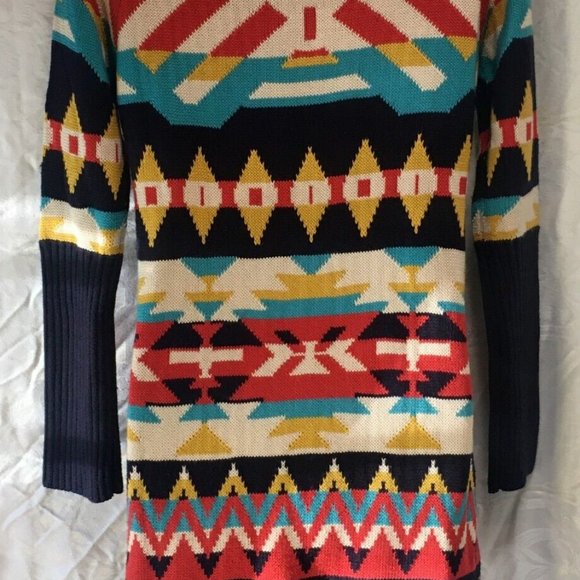 Vintage Jessica Simpson Long Sweater Size XS Tribal Aztec Navy Mustard Y2K - Picture 6 of 14
